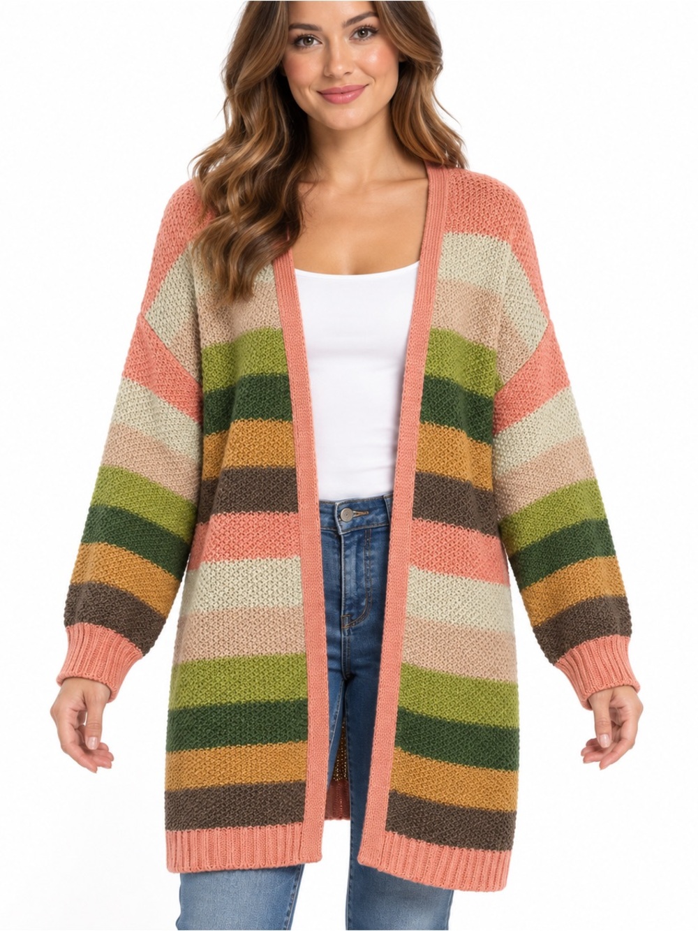 Striped Open-Front Pink and Green Cozy Cardigan Sweater Chunky Knit